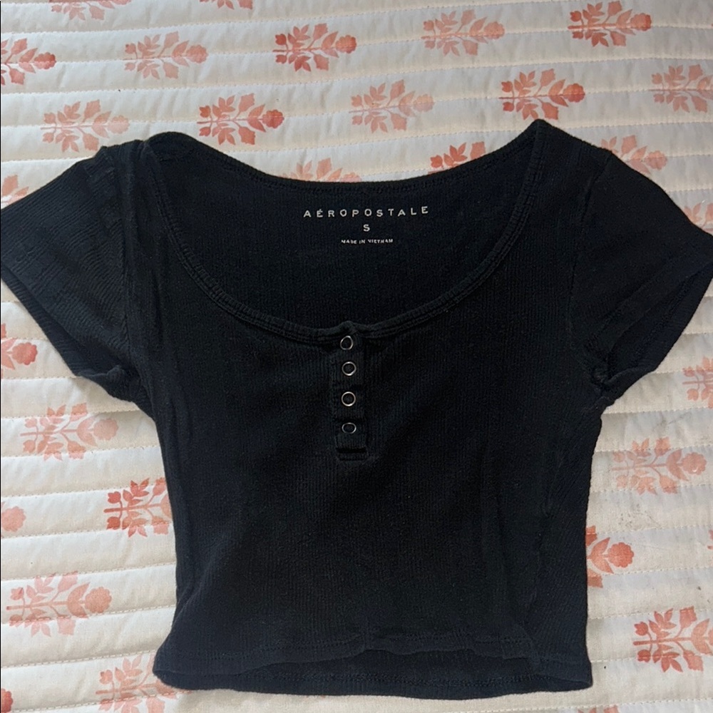 Aeropostale Black Buttoned Crop Blouse